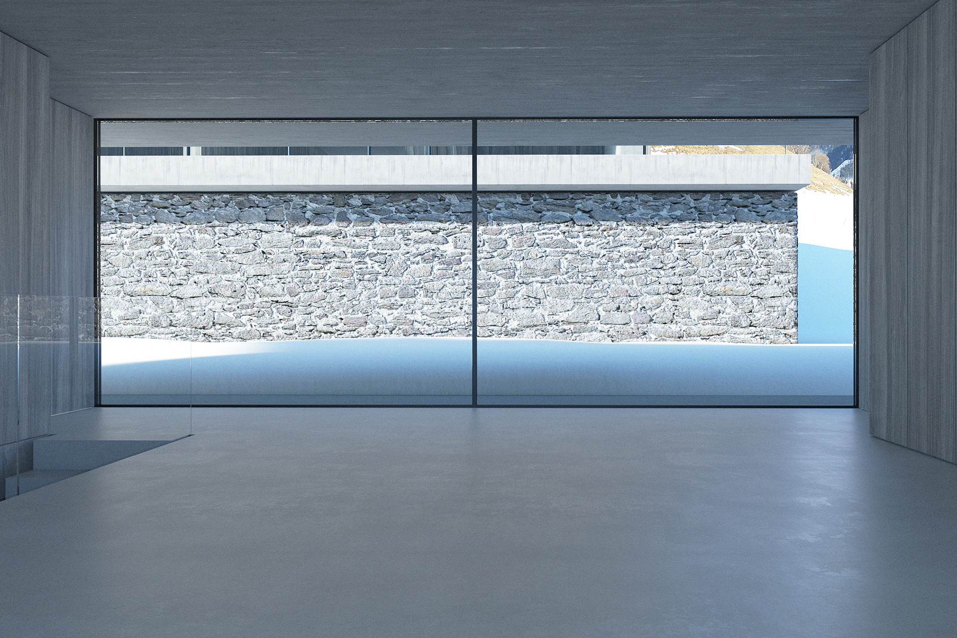 Interior Innenansichten der minimalistischen Apartmenthäuser in Saalbach aus Naturstein, Stahl, Holz und Sichtbeton
