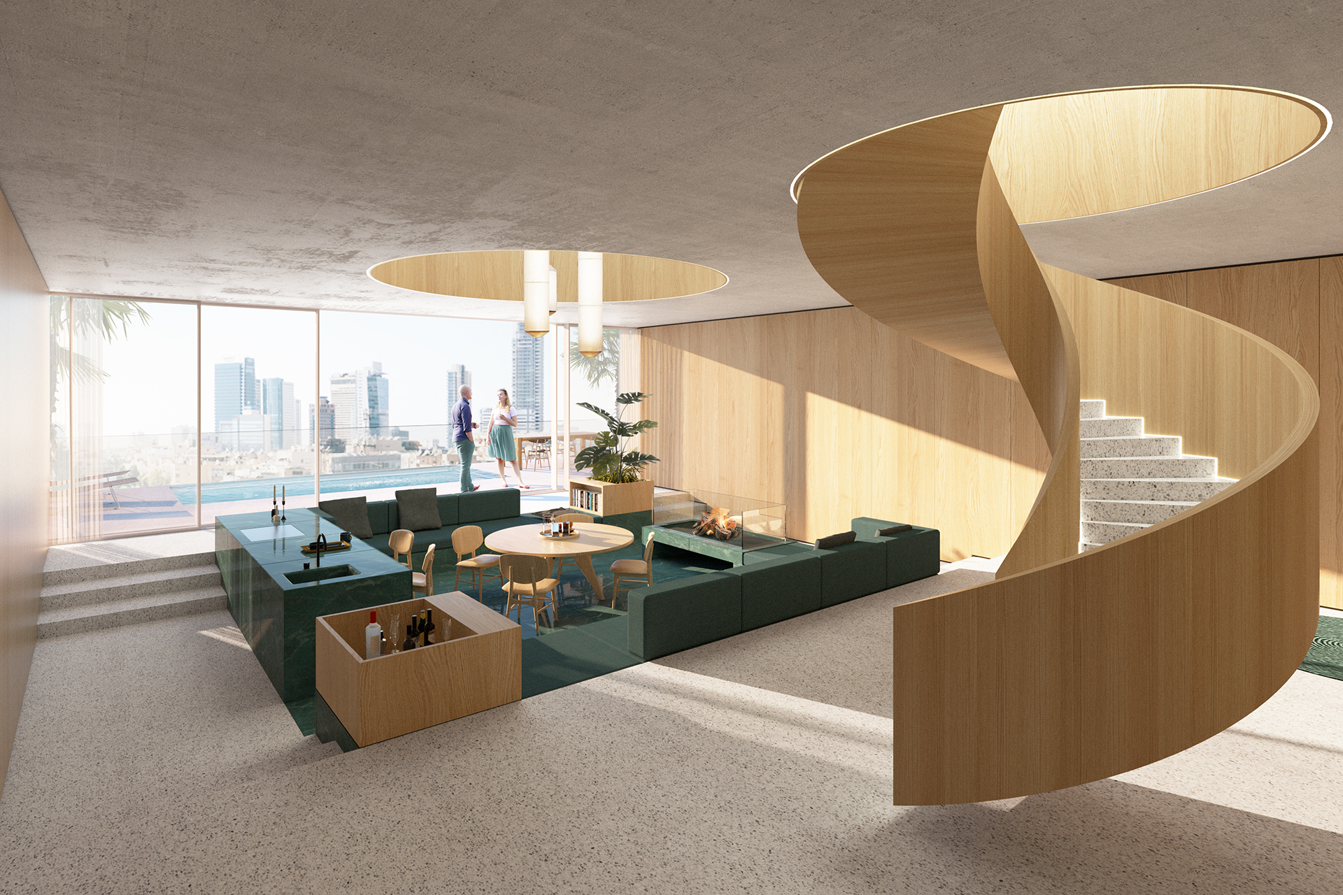 Tel Aviv Loft von designkollektiv, heller offenerer Raum mit freischwebender Holztreppe und Wohn- Küchenininsel mit Bar und offenem Kamin